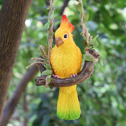 XKFLAUHM resin parrot hanging outdoor decor in yellow, a vibrant garden focal point.