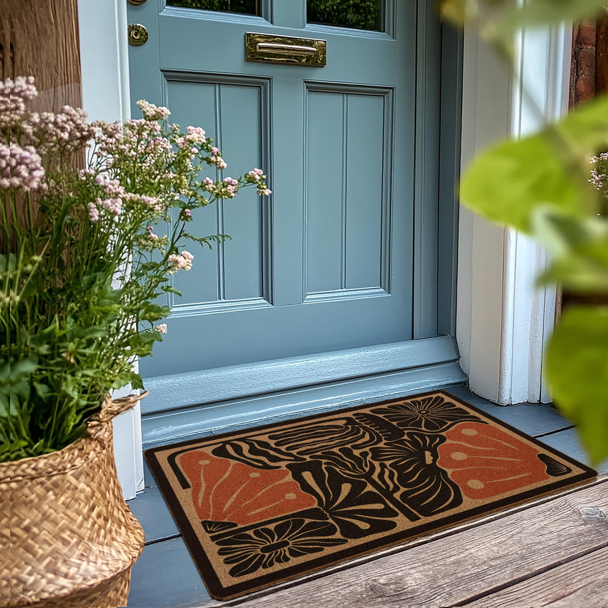 XLDLIOO Boho floral doormat closeup of flowers showing vibrant pattern.