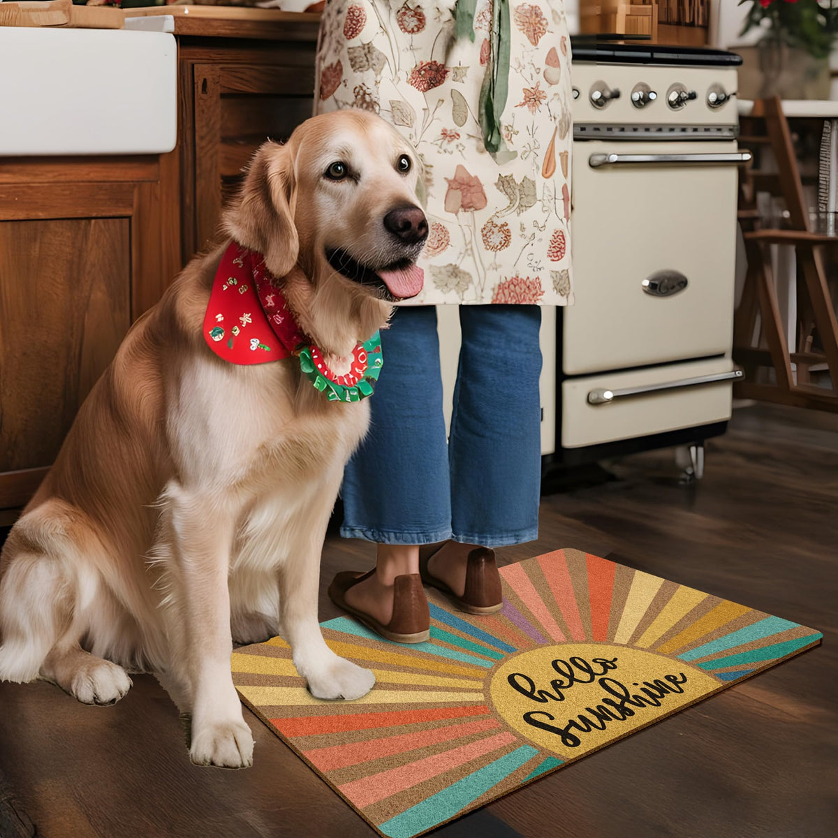 XLDLIOO Boho Sunshine doormat back view shows textured rubber backing.