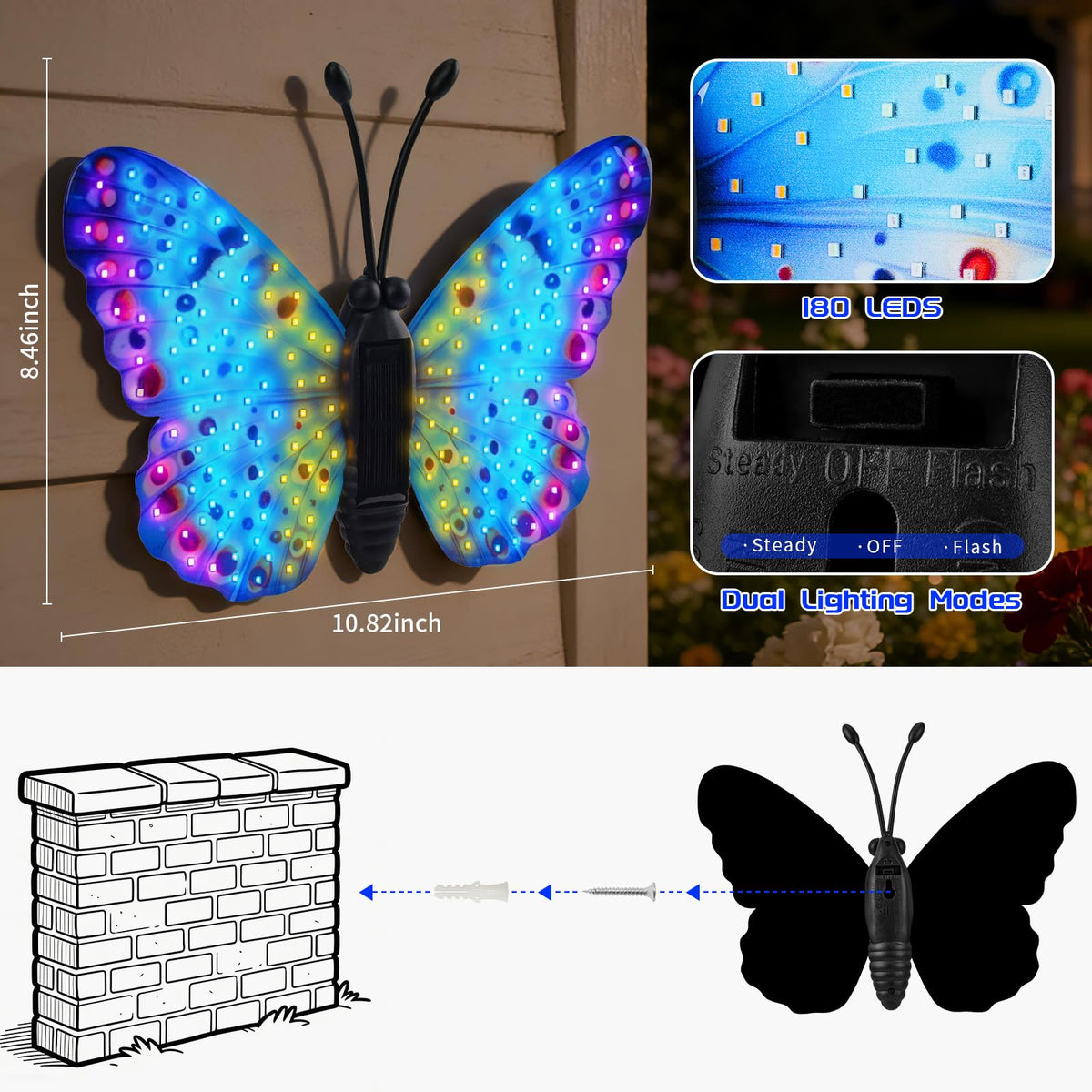XMHBCSM butterfly wings illuminated at dusk create a charming outdoor focal point.