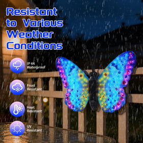 XMHBCSM patio butterfly light adds color to evening landscaping.