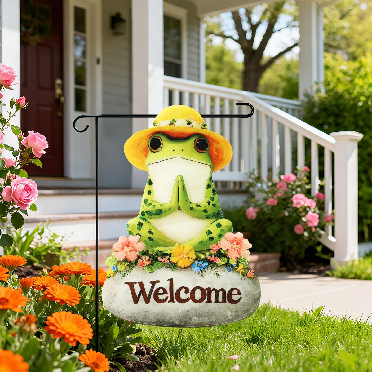 Xmoyaas spring summer welcome banner showing frog yoga design greets guests outdoors