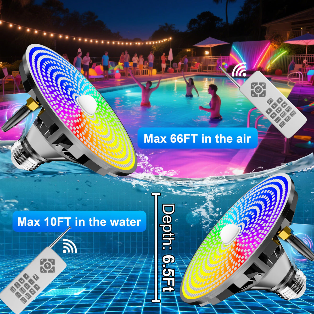 XMPTYN light offers 12 color options for mood setting and night swims.