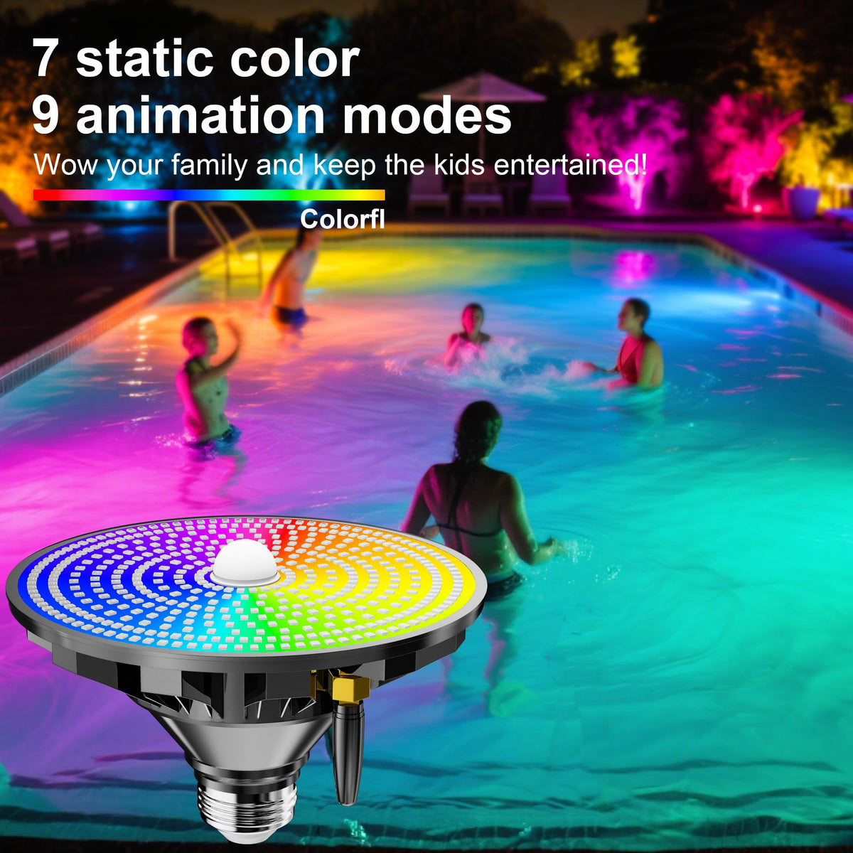 XMPTYN RGBW LED color cycle enhances pool parties with dynamic lighting.