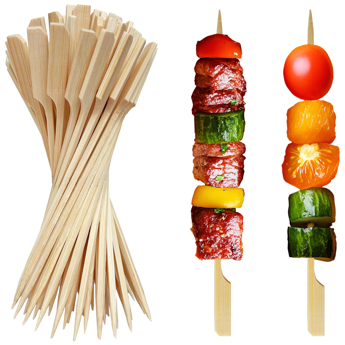XMZY 7 inch flat paddle bamboo skewers ready for grilling and easy flipping.