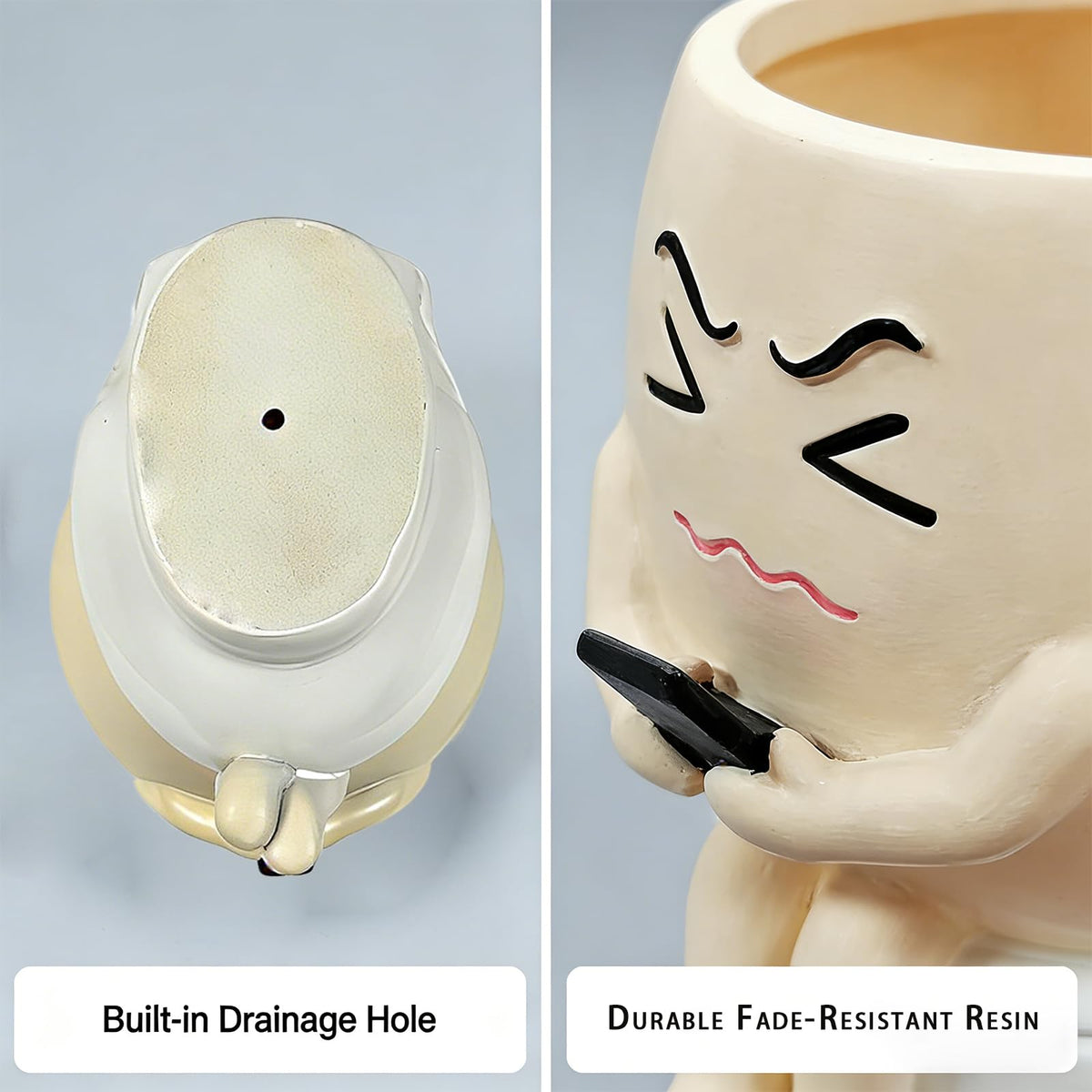 Xoevlix resin toilet planter shows a drainage hole for proper watering.