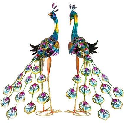 XONOR metal peacock garden statue set in a looking-down pose for entryway appeal.