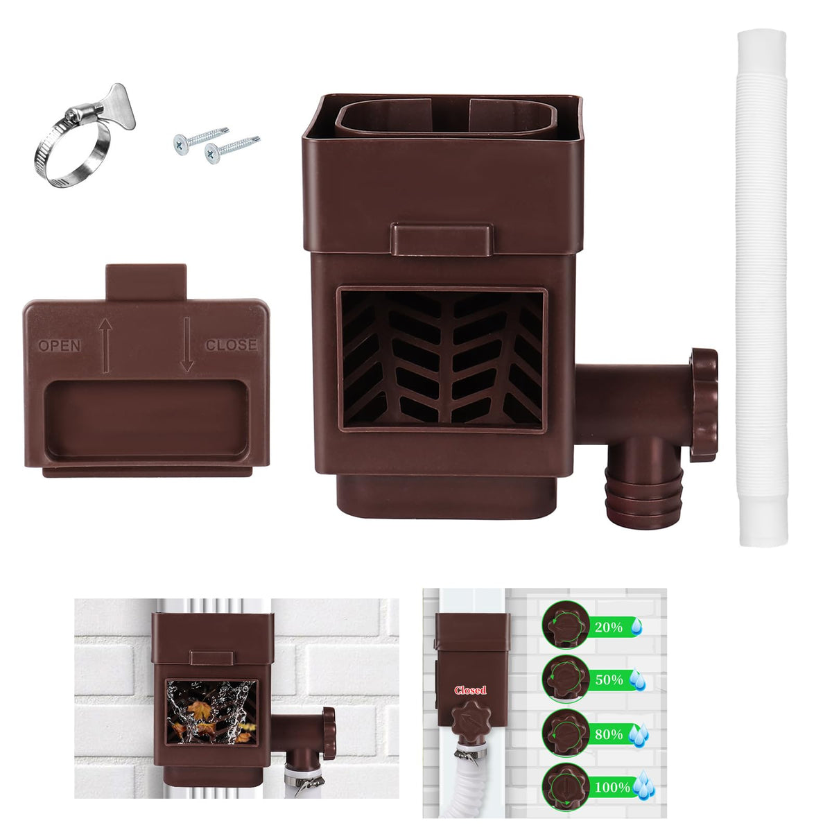 XPINYT Rain Barrel Diverter Kit installation outside fits 2x3 or 3x4 downspouts for easy rainwater capture.