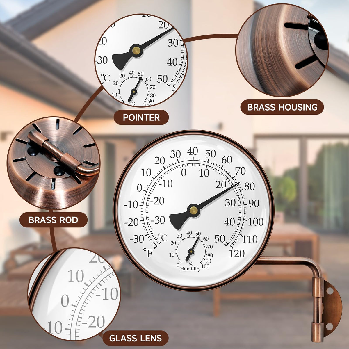 Xqiang brass outdoor thermometer wall mount on garden wall, easy installation