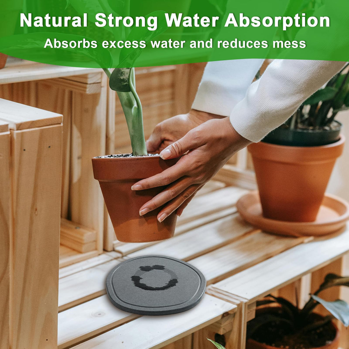 XRzitky drip water catcher tray shown in deep grey for indoor pots.