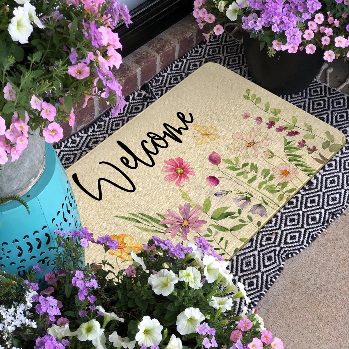 Xsinufn spring-summer welcome mat for indoor-outdoor use with non-slip backing.