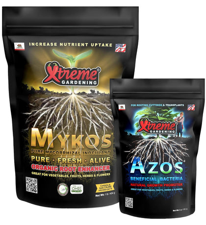 Xtreme Gardening Azos 6oz bottle supporting beneficial bacteria for healthier root systems.