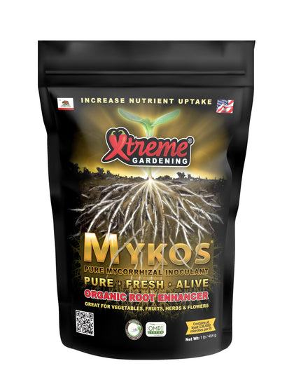 Xtreme Gardening Mykos Pure inoculant jar showing robust root growth