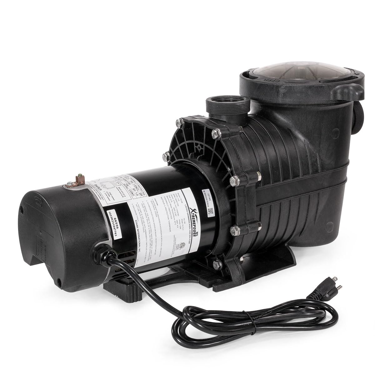 XtremepowerUS 1.0HP pool pump strainer basket closeup with transparent lid.