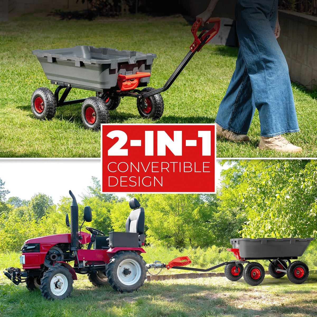 XtremepowerUS dump cart with 10-inch pneumatic tires on varied terrain