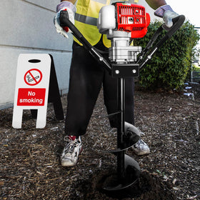 Heavy-duty fence post hole drill designed for quick digging in tough soil.