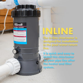 Inline chlorinator connected to return piping after heater and filter