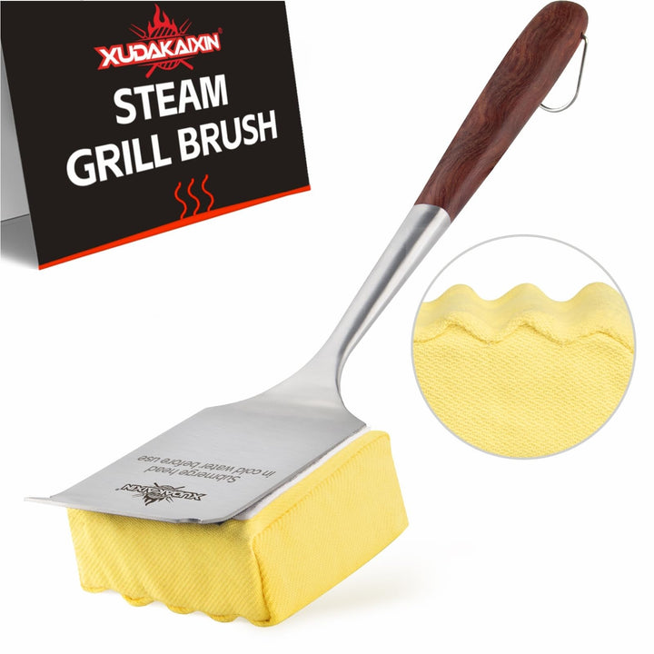 XUDAKAIXIN bristle-free steam grill brush with rosewood handle safely cleans grates.