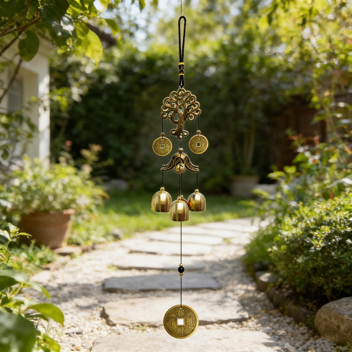 XUJQI Wind Chimes sunlight glow emphasizes outdoor decorative charm and mood.