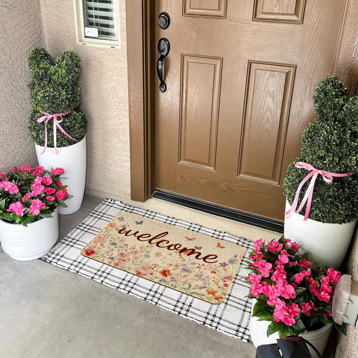 Xumuyin Spring Doormat with evergreen trees enhances curb appeal.