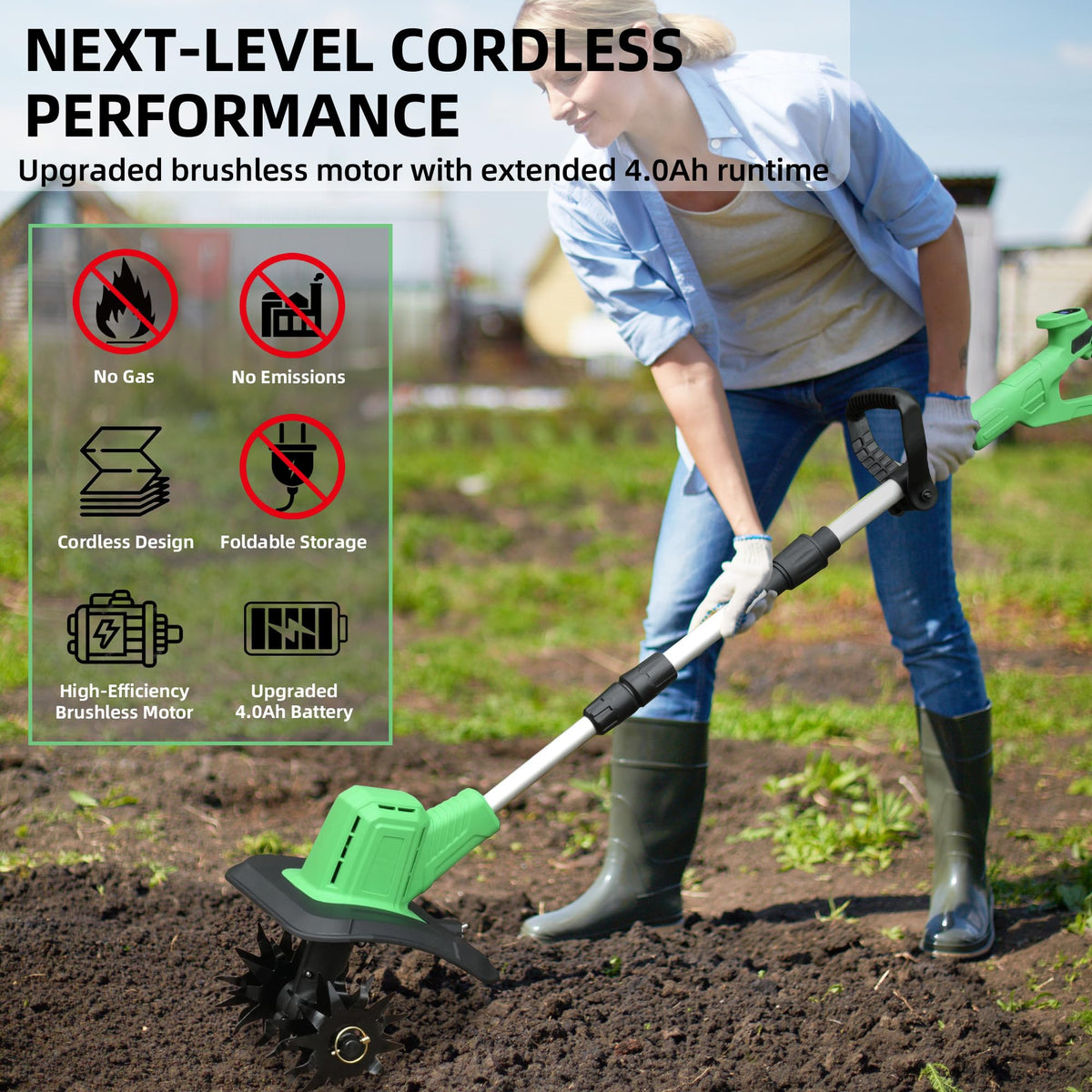 XXCFG charger included powers up the cordless tiller