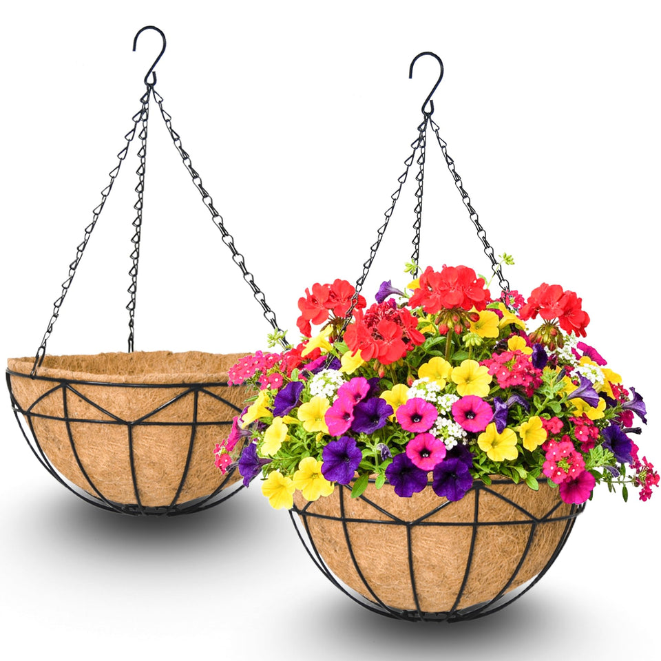 XXFBJNMD 2-pack 12-inch round hanging basket with coco liner enhances patio decor.