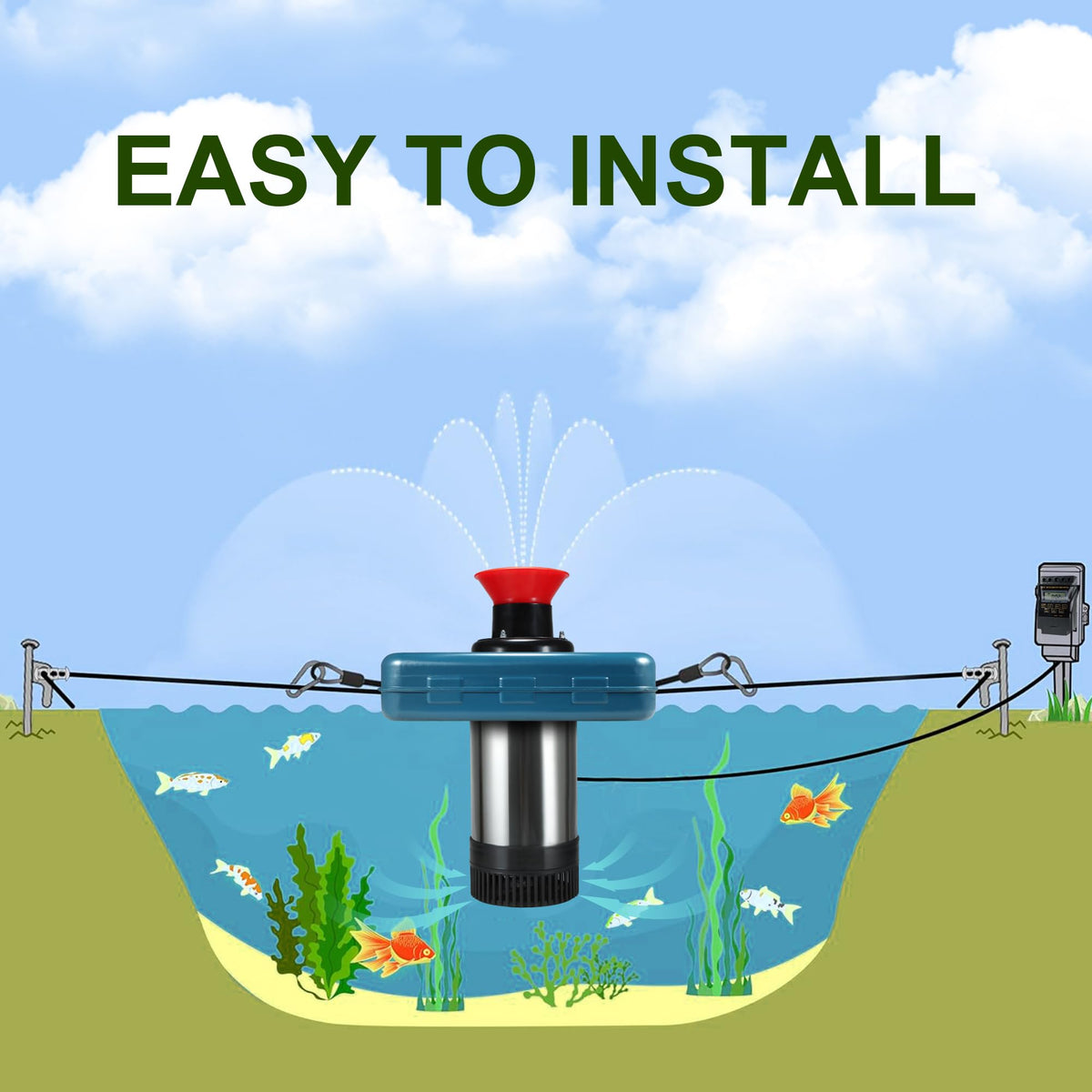 XXK 100-foot cord enables flexible placement across large ponds.