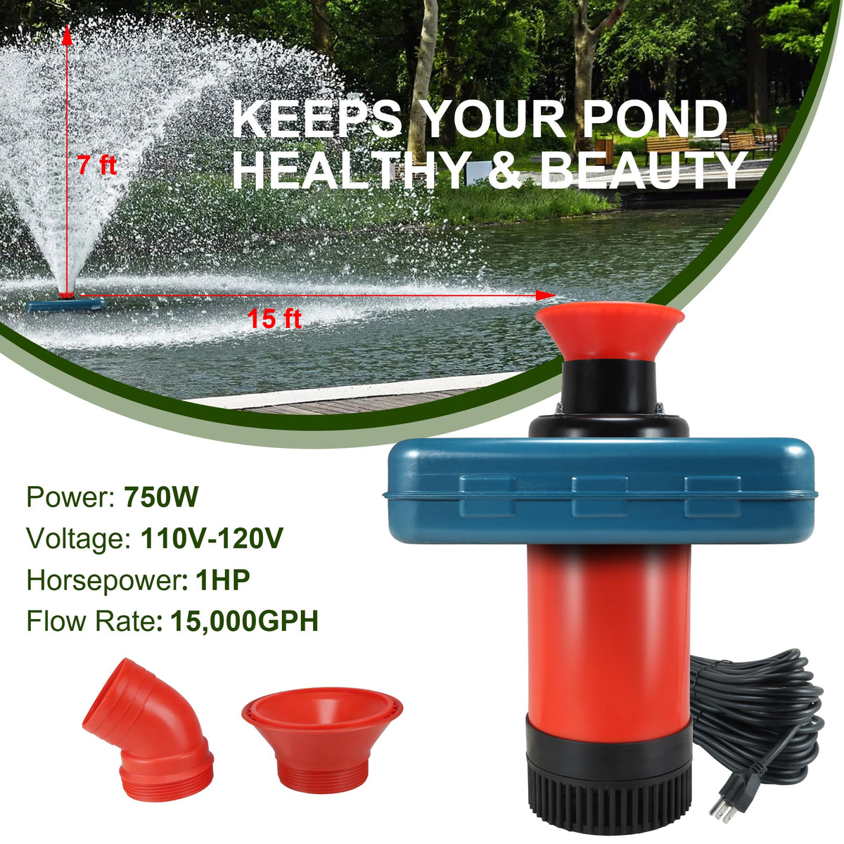 XXK Pond Fountain Aerator 100-ft cord enables flexible pond placement.
