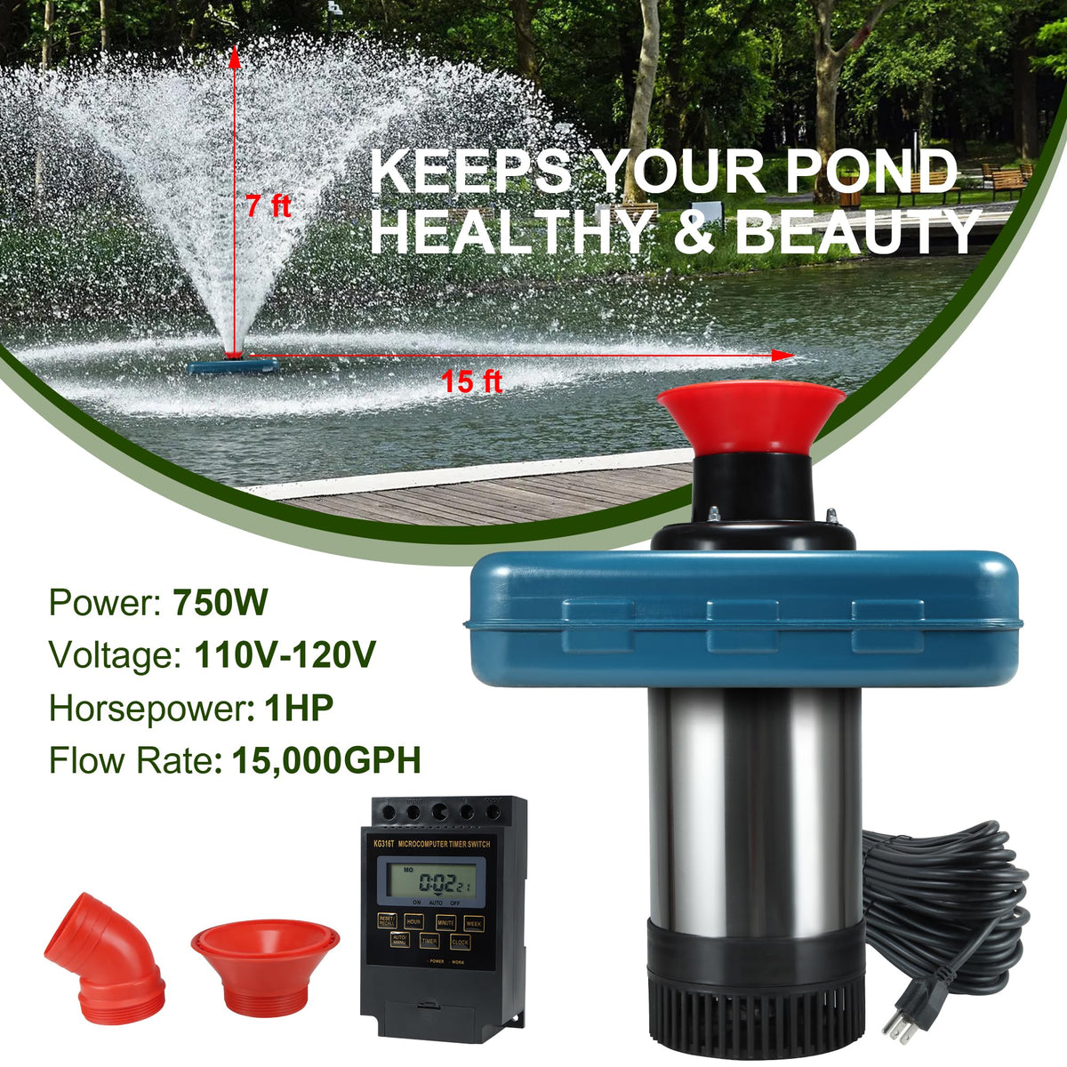 XXK stainless steel body stands up to outdoor pond conditions.