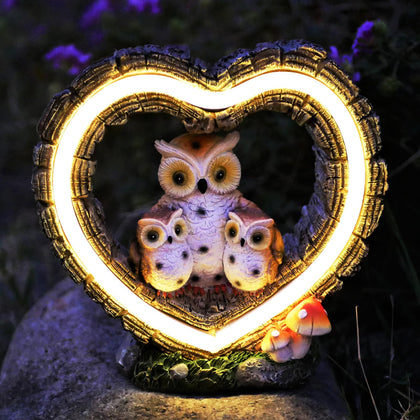 xxoasis Solar Owl Garden Statue wide-shot shows a charming weatherproof yard focal point