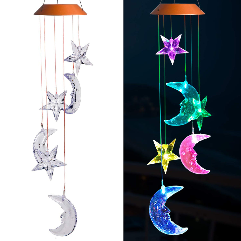 xxschy LED Moon and Stars wind chimes illuminate softly for outdoor ambience