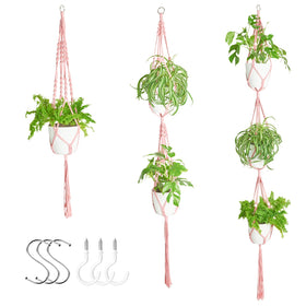 XXXFLOWER 3-pack macrame plant hangers with pink beads for chic indoor displays.