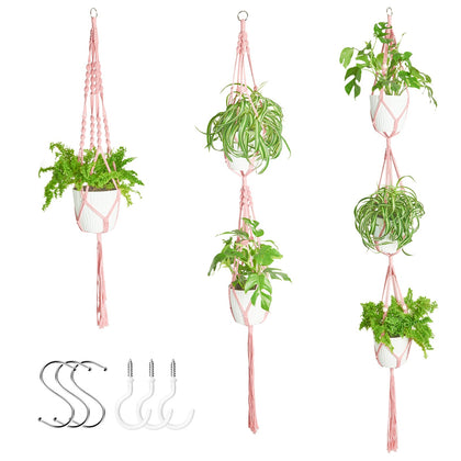 XXXFLOWER 3-pack macrame plant hangers with pink beads for chic indoor displays.