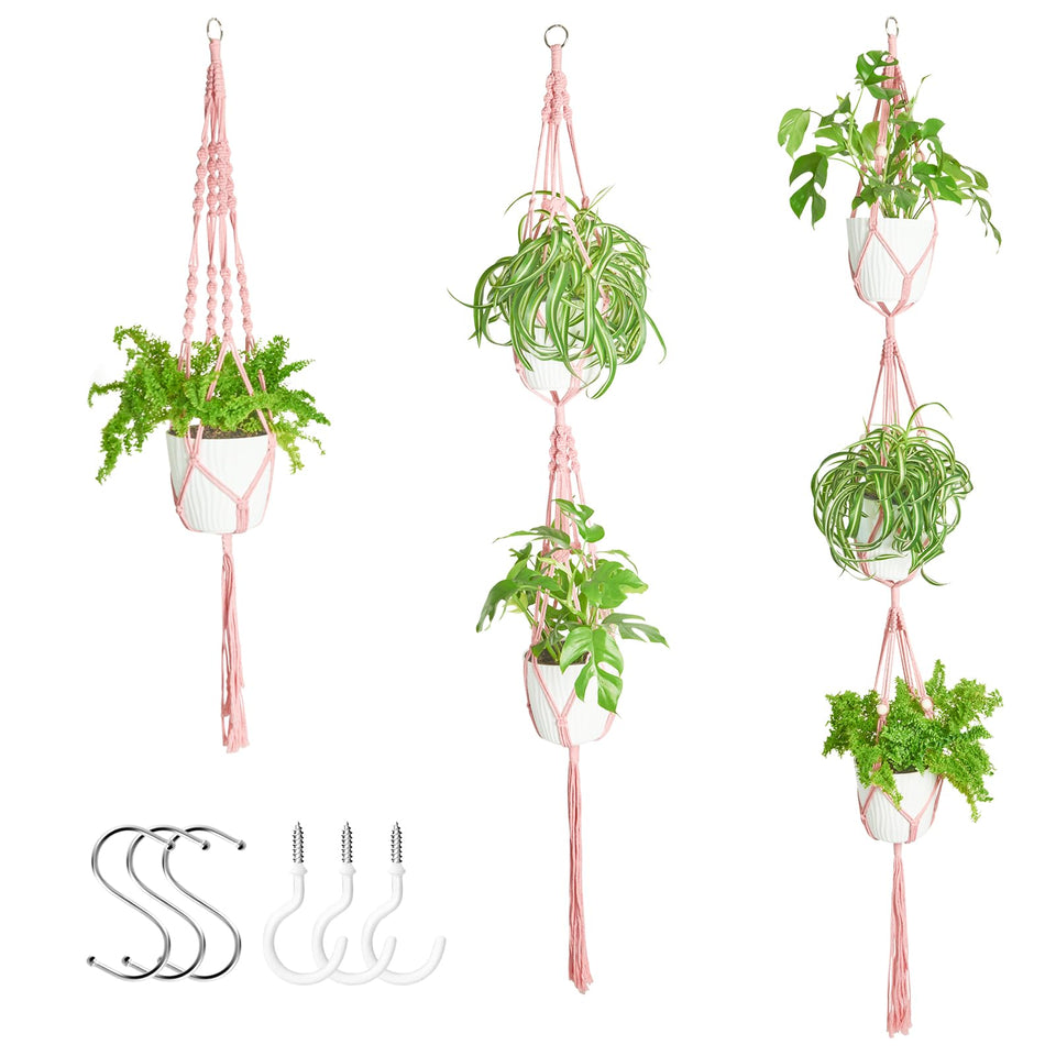 XXXFLOWER 3-pack macrame plant hangers with pink beads for chic indoor displays.