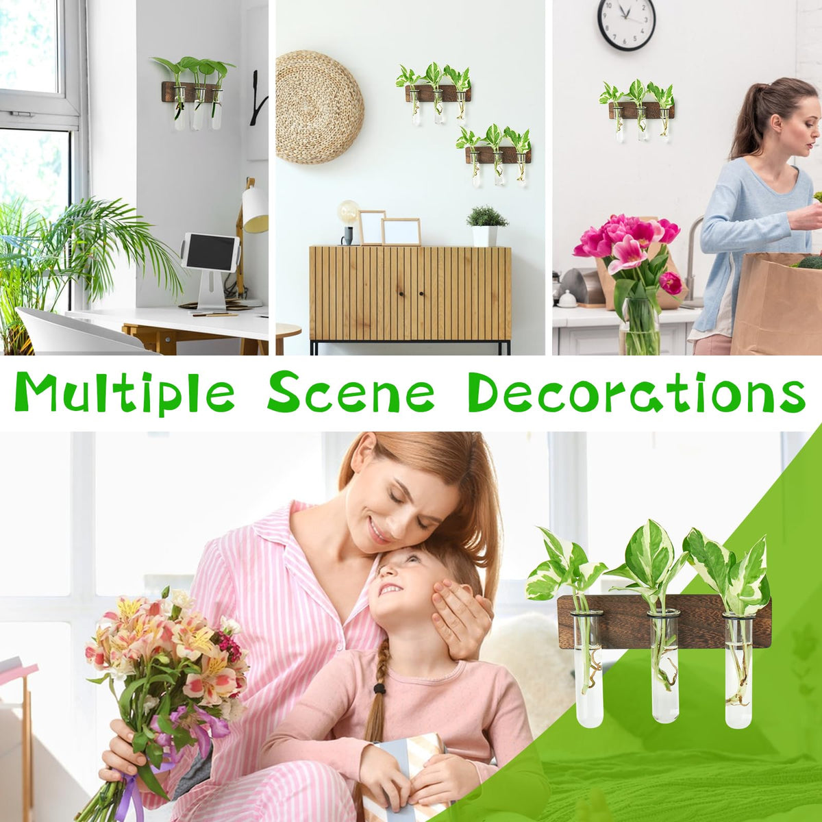 XXXFLOWER office decor with wooden shelves complements plant cuttings display.