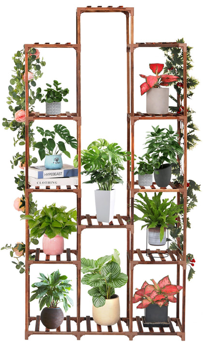 XXXFLOWER 13-tier wood plant stand with multiple pots in a bright living room