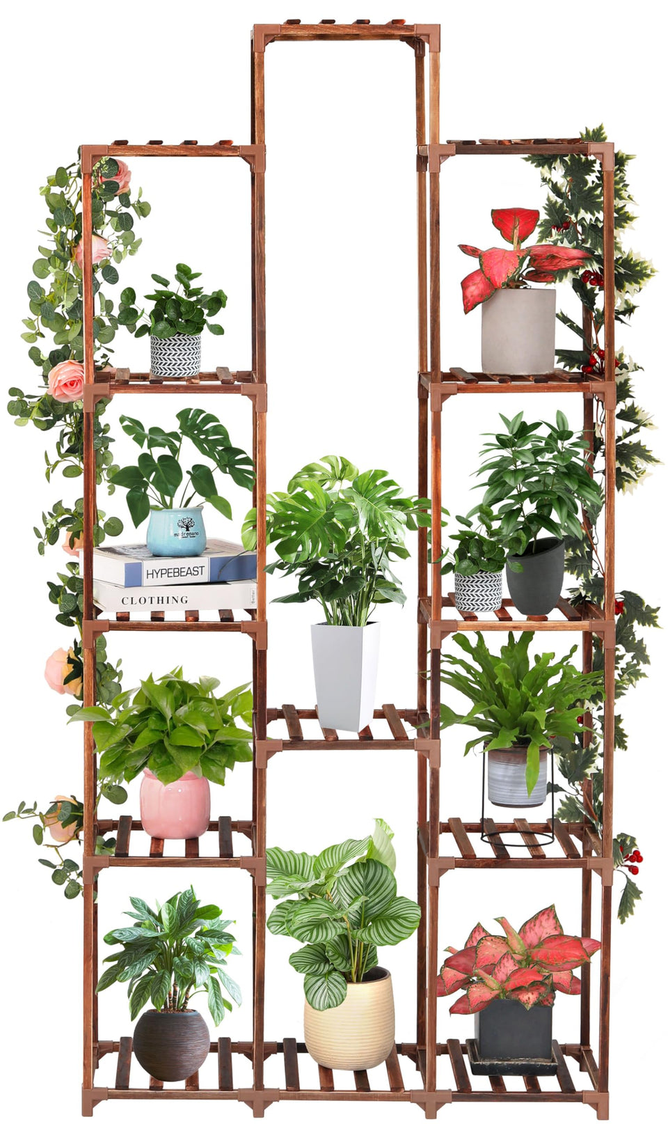 XXXFLOWER 13-tier wood plant stand with multiple pots in a bright living room