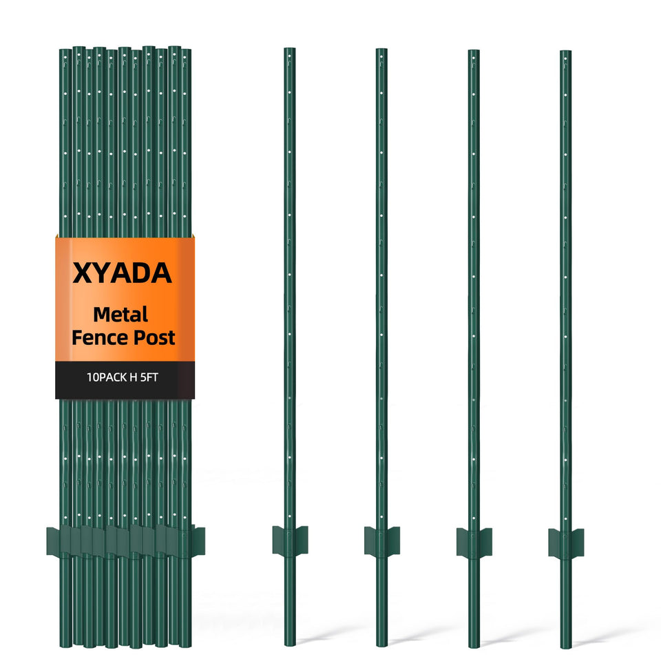 XYADX metal fence post 5ft green finish provides sturdy garden boundary support.