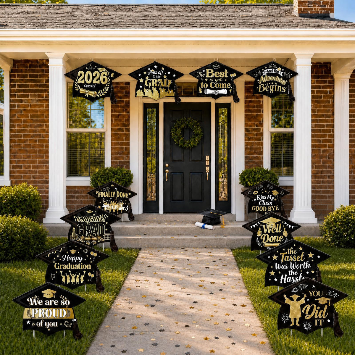 Xylitic graduation yard signs with stakes for quick outdoor setup.