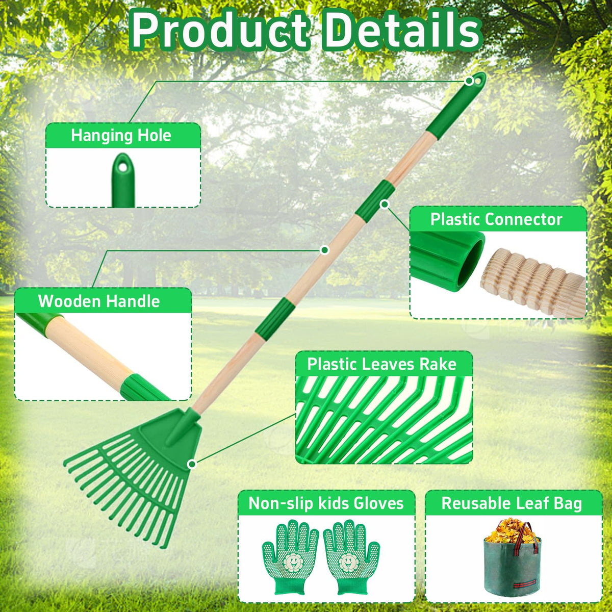Xynzanic kids leaf rake detachable wooden handle for easy storage