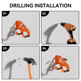 XZHXFX Garage tool organization using orange wall-mounted chainsaw hanger.