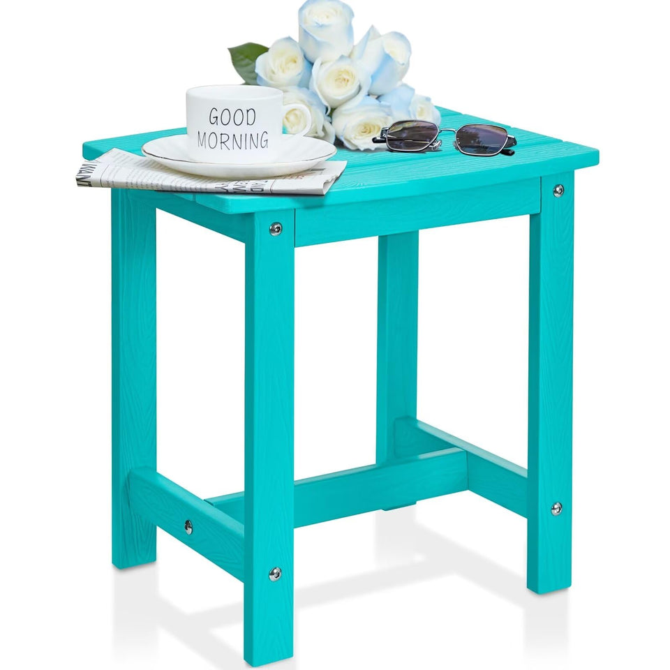 Y&M Aruba Blue side table with textured wood-look surface for patio ambience