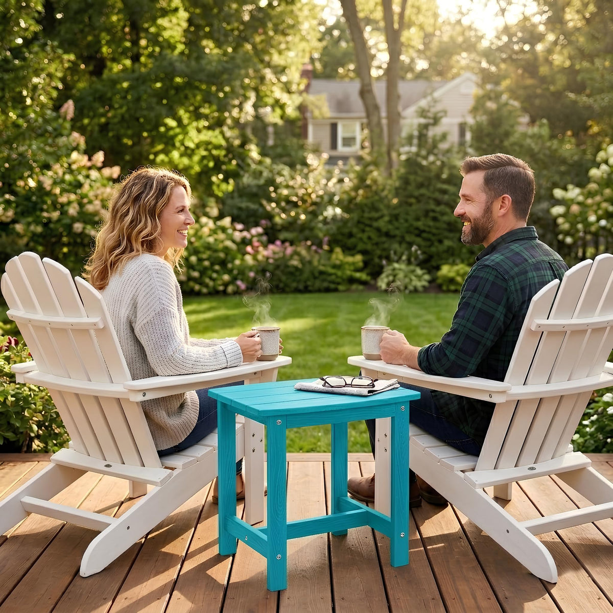 Y&M Aruba Blue compact table placed beside lounge chair for indoor or outdoor use