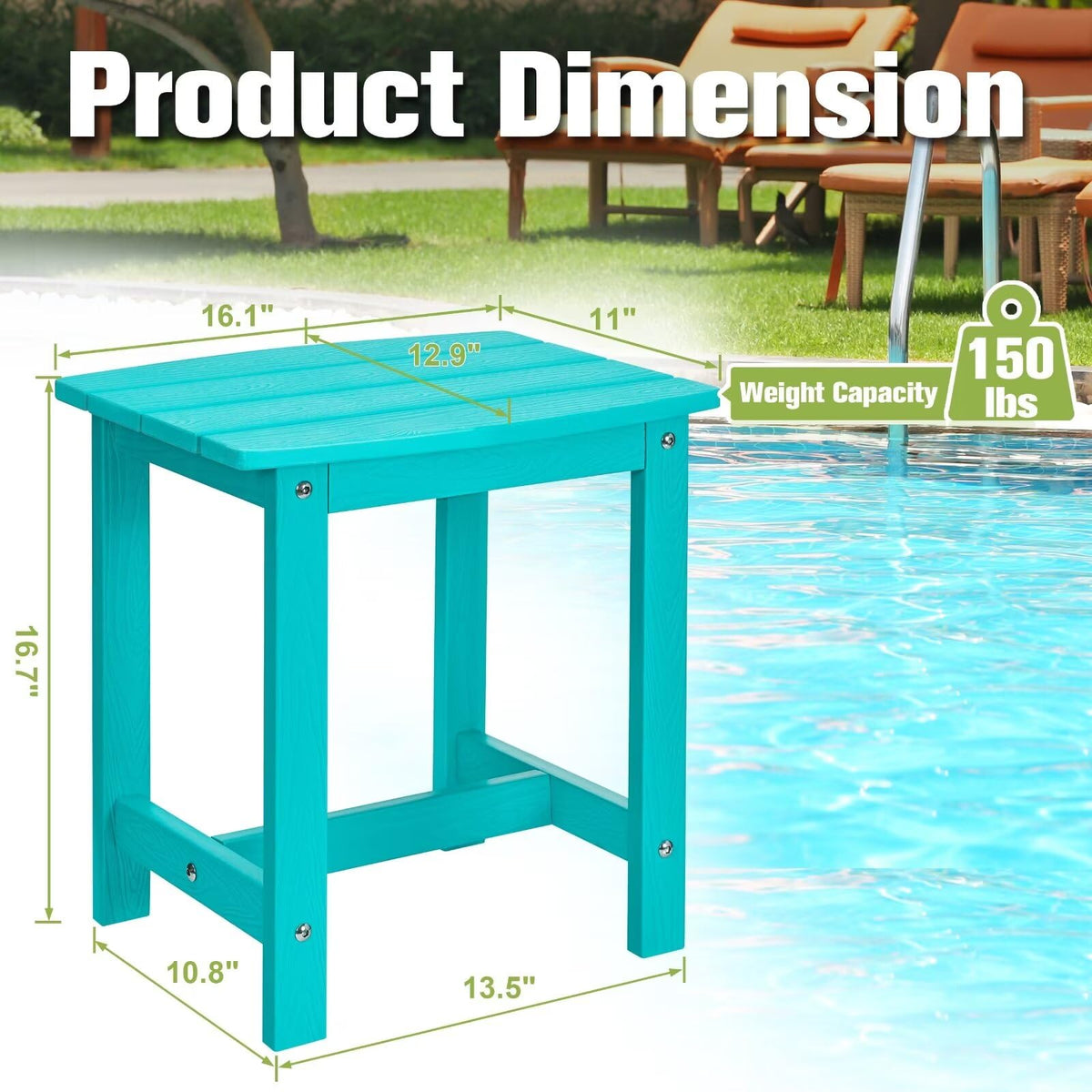 Y&M Aruba Blue side table showing slatted drainage for water-free outdoor setup