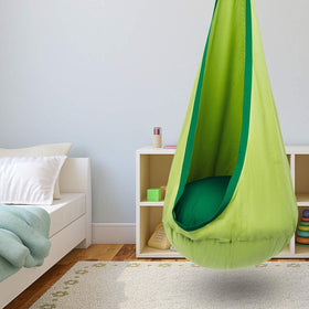 Y-STOP pod swing with built-in pocket for storing small toys and devices