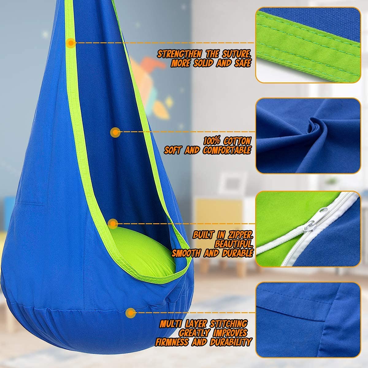 Y- STOP Kids Pod Swing Seat pocket closeup shows secret storage for small treasures.
