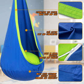 Y- STOP Kids Pod Swing Seat pocket closeup shows secret storage for small treasures.
