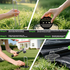 YACOO outdoor landscaping setup with stakes securing decor and fabric.