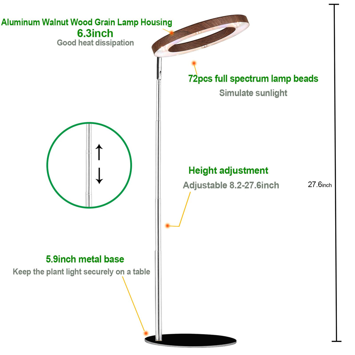 Height-adjustable pole extended to position light precisely for plants
