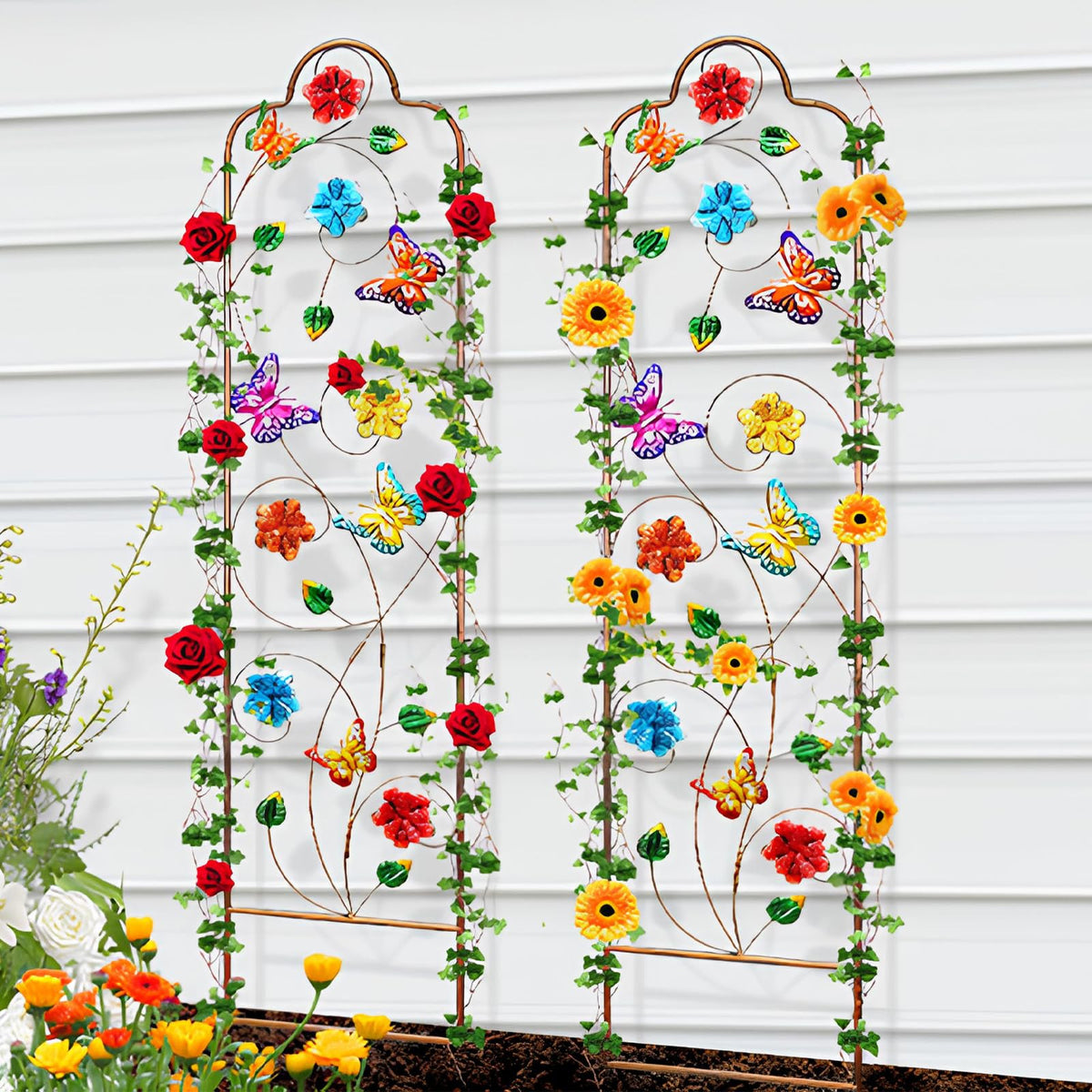 YADOOLIFE arched lattice with decorative leaf curls enhances garden borders.